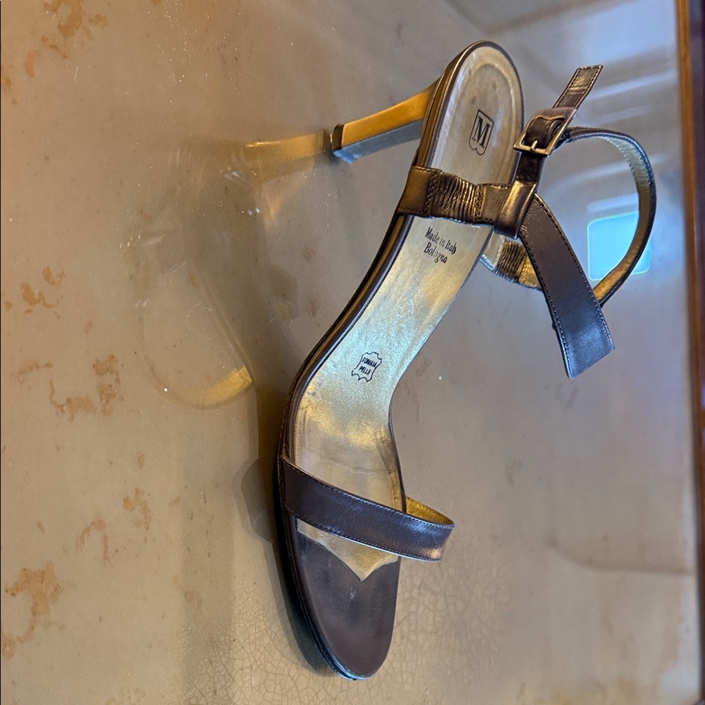 Bruno Magli Silver Leather Ankle-Strap Sandal With Metallic Heel